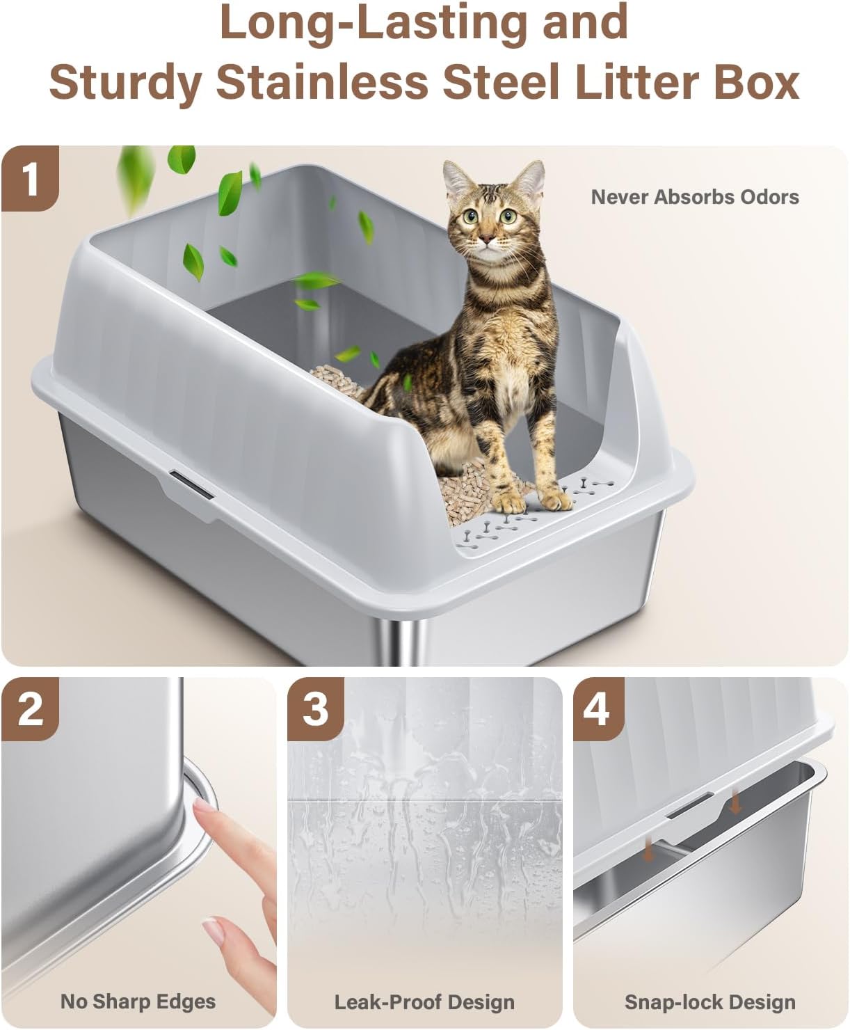 Cat Litter Box Stainless Steel XL with Lid, Enclosed Metal Extra Large Litter Box Pan High Sided with Scoop for Big Cats, Non-Sticky, Anti-Urine Leakage, Easy Cleaning