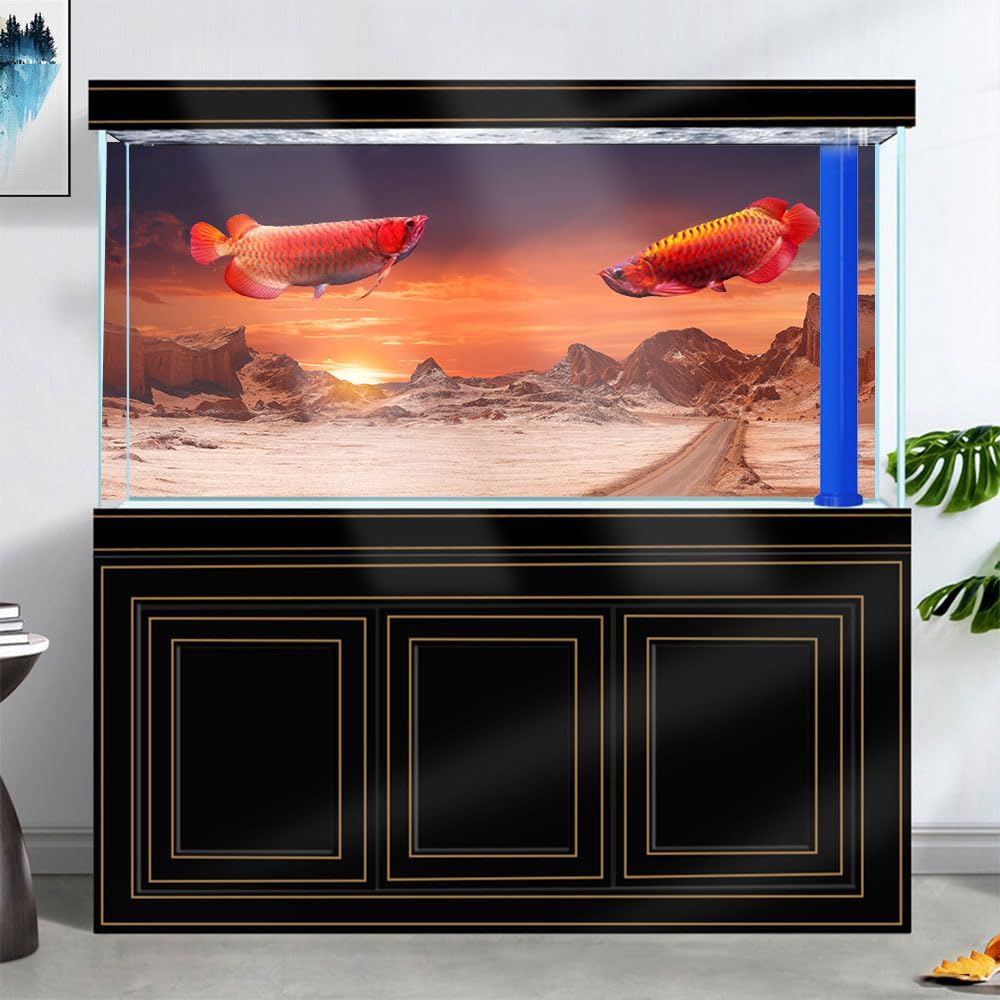 48X24IN Sun and Desert Moon Themed Reptile Habitat on Orange Durable Decorative Background, Terrarium Background with 10EVA Double-Sided Tape