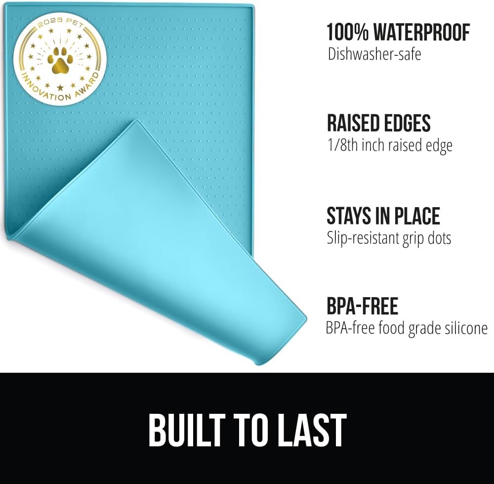 GORILLA GRIP 100% Waterproof Raised Edge BPA Free Silicone Pet Feeding Mat, Dog Cat Food Mats Contain Spills Protects Floors, Placemats for Cats and Dogs Water Bowl, Pets Accessories 28x18 Turquoise