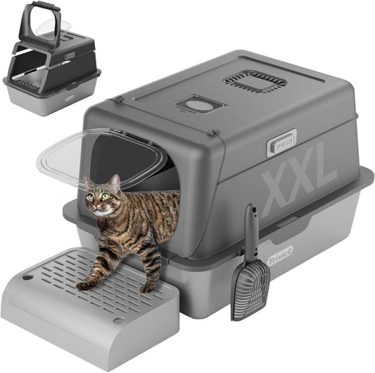 XX-Large Stainless Steel Cat Litter Box with Lid – Fully Enclosed Large Litter Box for Big Cats, Odor Control with Magnetic Door, Easy Clean, Multi-Cat Durable Metal Pan.(Grey)