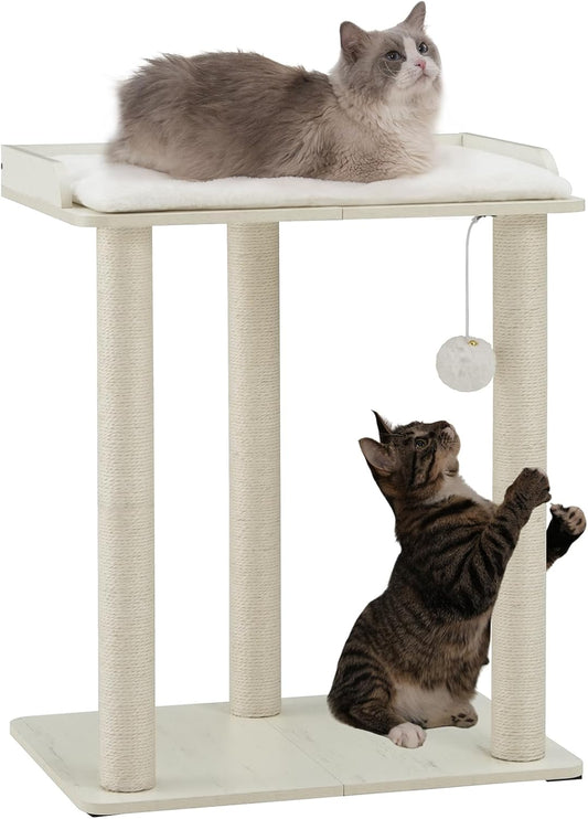 FourFurPets 26.7in Large Cat Tree Tower Condo, Cat Scratch Posts for Indoor Cats, Big Plate, Three 23.6in Full Sisal Scratching Posts, White