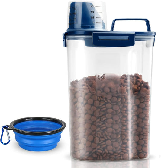 Upgraded Dog Food Storage Container Small, Cat Food Container Airtight, Pet Food Container Dispenser with Pour Spout, Measuring Cup and 4 Seal Buckles for Dogs, Cats, Birds (Blue)