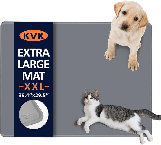 KVK Dog Food Mat, 39.4×29.5in Extra Large Silicone Pet Feeding Mat - Waterproof, Non - Slip, Chew - Resistant for Food & Water, Protect Floors (Light Gray)