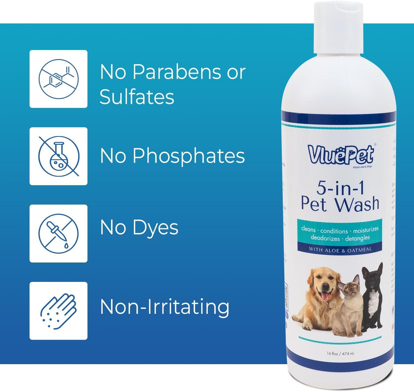 VLUEPET | Pet Wash - Gentle Solution for Cleans, Conditions, Deodorizes, Detangles and Hair Moisturizes with Oatmeal & Aloe Formula- Itchy Skin Relief- Sulfate Free, Plant Based, All Natural- 16 fl oz