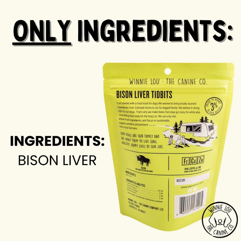 Winnie Lou The Canine Co. Freeze Dried Bison Liver Tidbits - Single Ingredient, Human-Grade, No Artificial Flavors or Fillers, Perfect for Training (Pack of 1)