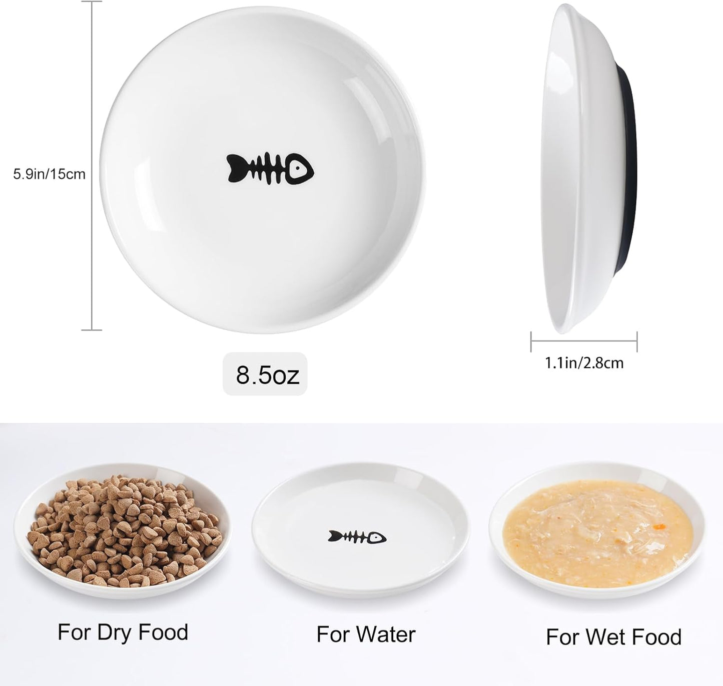 Cat Food Bowl,Healthy Ceramic Cat Bowls for Indoor Cats,Anti Whisker Fatigue Cats Dishes Set,Shallow Wide Kitten Plates for Food and Water,Non-Slip Silicone Bottom,3 Pack