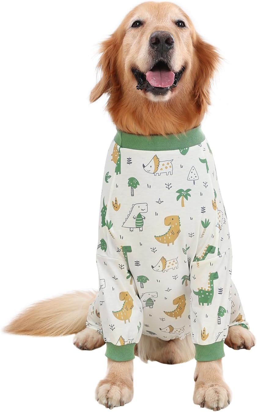 HDE Dog Pajamas One Piece Jammies Jumpsuit Pet Clothes Outfit Stretchy Lightweight Comfy Shirt Pjs for M-3XL Dogs Forest Dinos - L