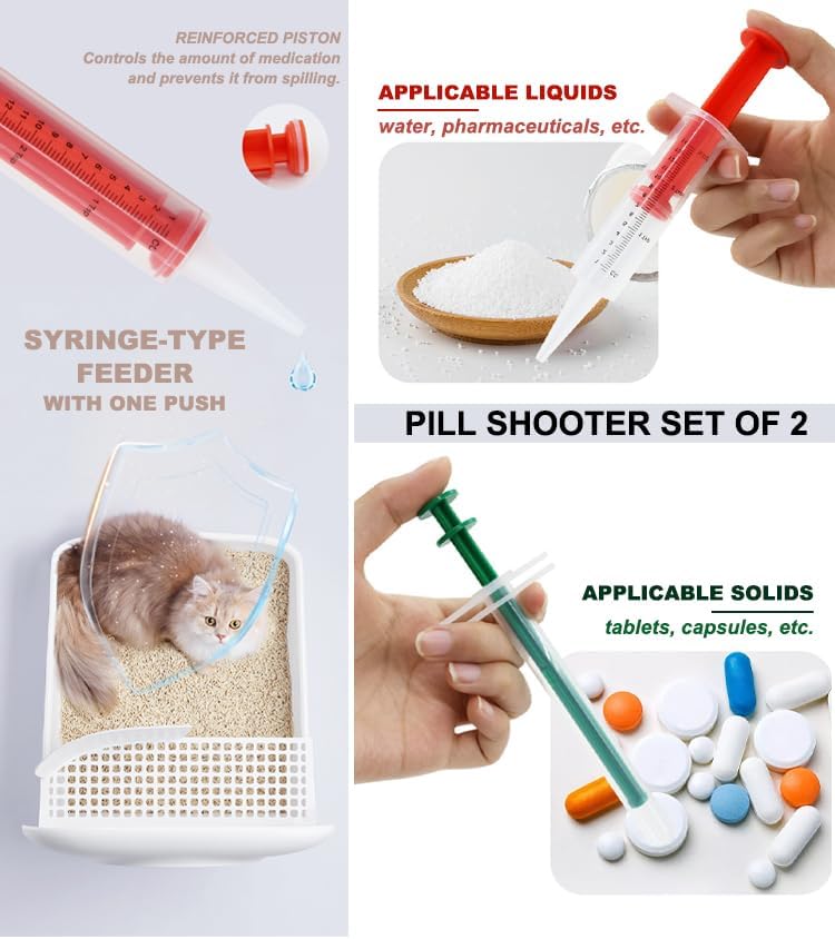 Cat Pill Shooter 5-in-1 Kit, Pet Pill Cutter and Crusher for Cats and Dogs, Dog Tablet Soft Tip Syringe and Medical Feeding Liquid Dispenser Tool with Plastic Measuring Cup 100ml