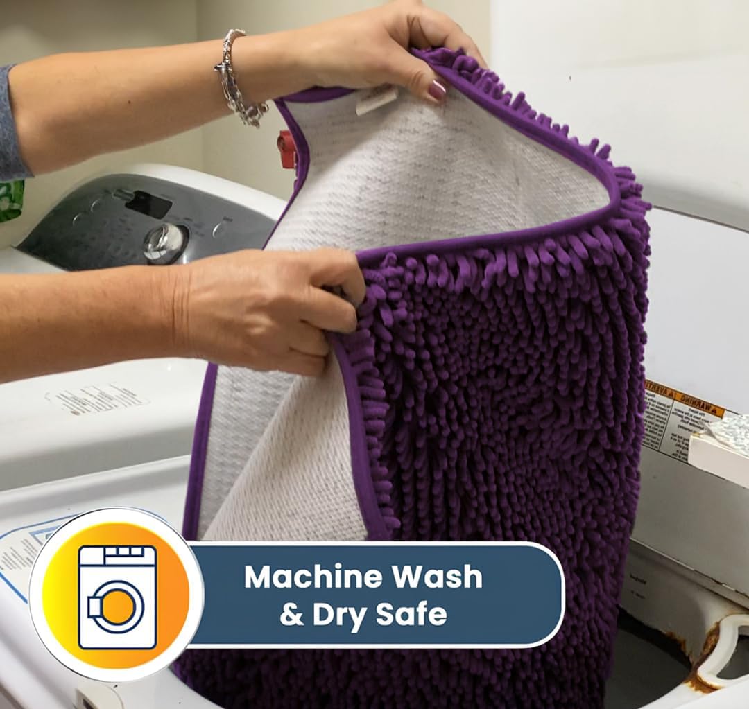 Muddy Mat® AS-SEEN-ON-TV Highly Absorbent Microfiber Door Mat and Pet Rug, Non Slip Thick Washable Area and Bath Mat Soft Chenille for Kitchen Bathroom Bedroom Indoor and Outdoor - Purple 36" x 120"
