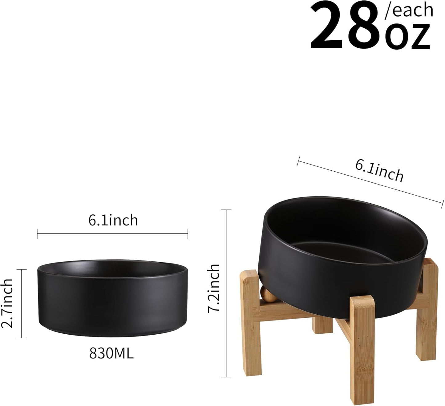 Black Elevated/Raised 15°Tilted Anti Slip Ceramic Dog Bowl for Small/Medium Breeds,Slanted Bulldog Big Face Pet Food Water Feeding Dish with Stand for Cats and Dogs (3.6 Cups/28 OZ)