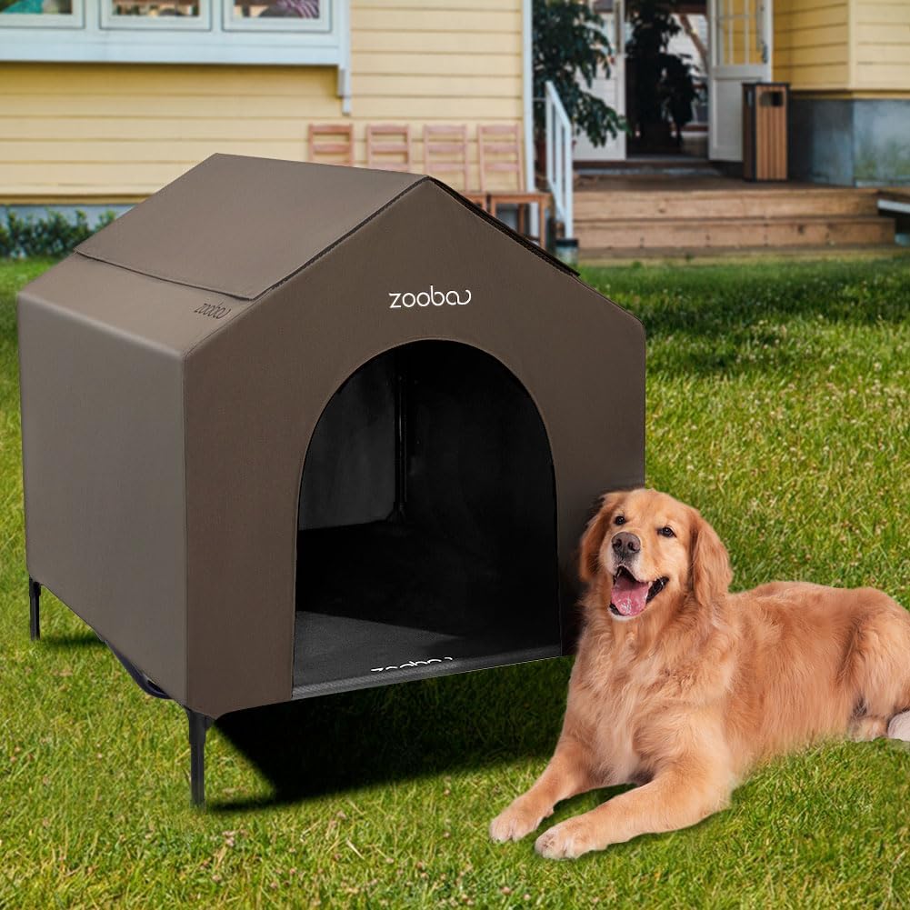 42" 2-in-1 Dog House for Medium Dogs, Elevted Dog House Outdoor/Indoor, Puppy Shelter Outside,Water Resistant 600D PVC and Durable 2x1 Textilene Raised Dog Bed(Brown)