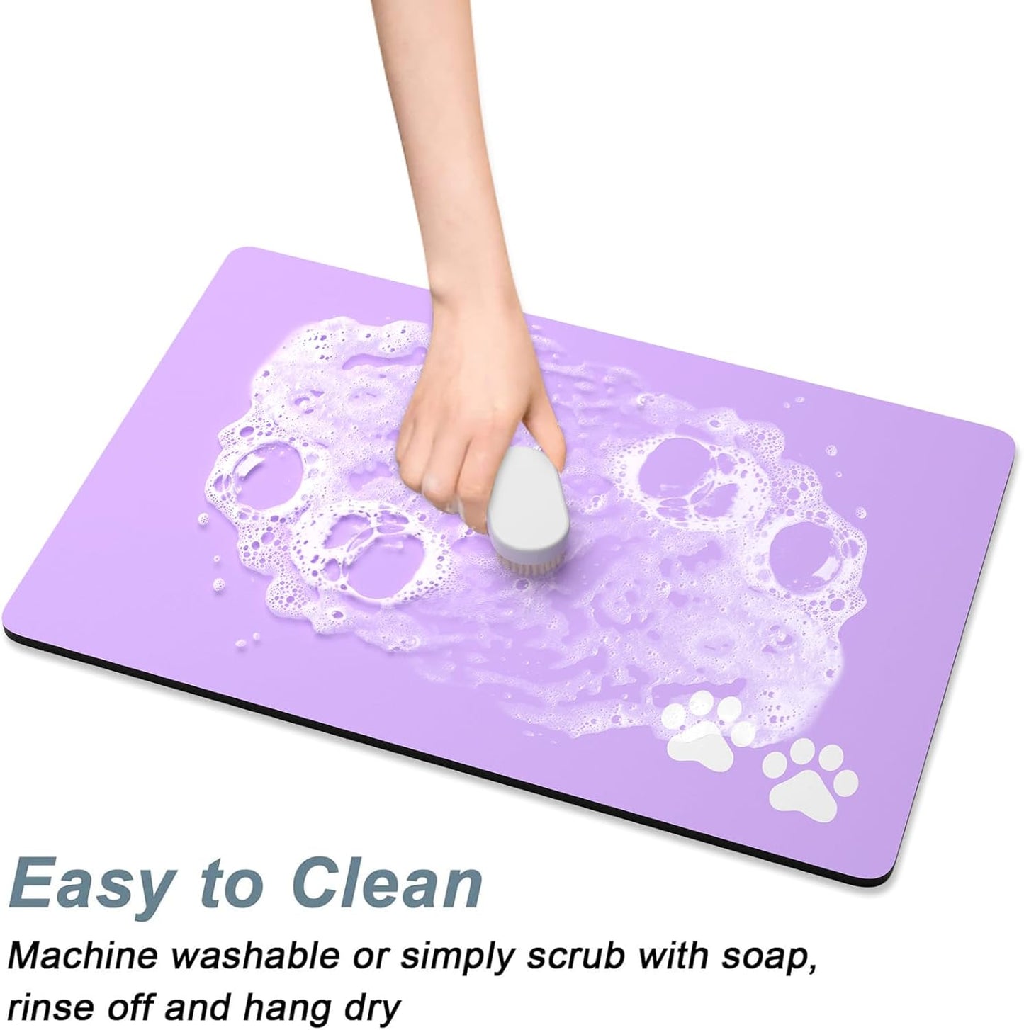 Rnivvi Dog Food Mat, 12" x 19" Footprint Absorbent Dog Cat Bowl Mat for Food and Water, Cute Anti-Slip Rubber Pet Feeding Rug Protect Floors, Puppy Placemat for Feeding & Watering Supplies, Purple