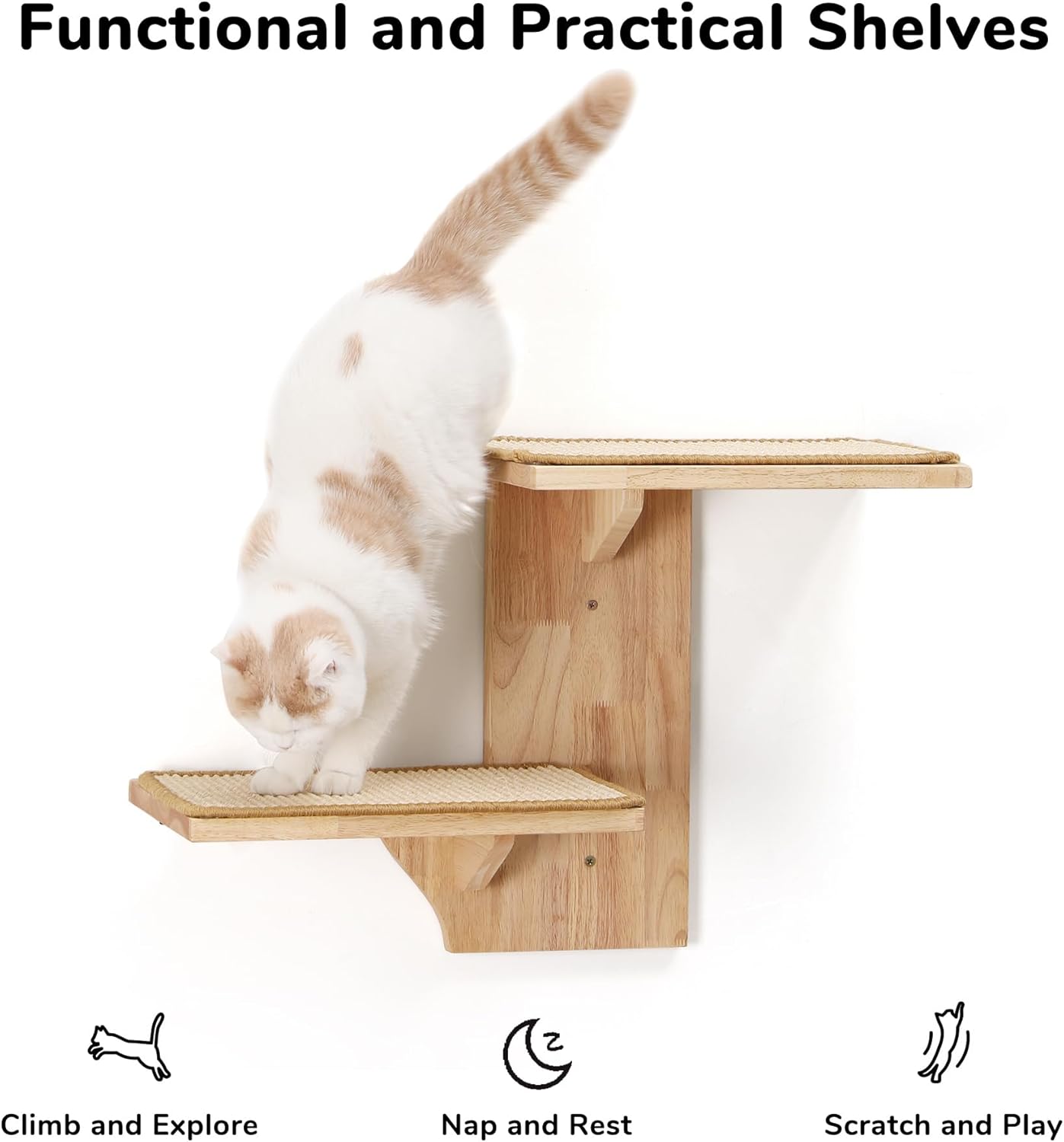 FUKUMARU Cat Wall Shelves, 2 Platform Kitten Wall Furniture, Tree Shape Wall-Mounted Floating Shelf with Sisal Mat, Solid Rubber Wood Cats Perch for 16 Inch Drywall, Suitable for Climb, Play, Nap