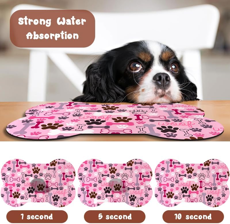 Dog Food Mats for Floors Waterproof, Pet Feeding Absorbent Water Bowl Mat Cat Placemats Pink Bone Shape 25.5 * 17 inch