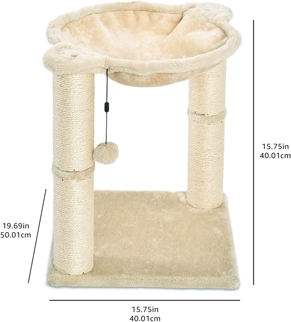 Amazon Basics Cat Condo Tower with Hammock Bed and Scratching Post,Easy to Assemble,Plush Hammock,Interactive Hanging Ball,Durable Sisal Scratch Posts for Indoor Cats, 15.8 x 15.8 x 19.7 Inches, Beige