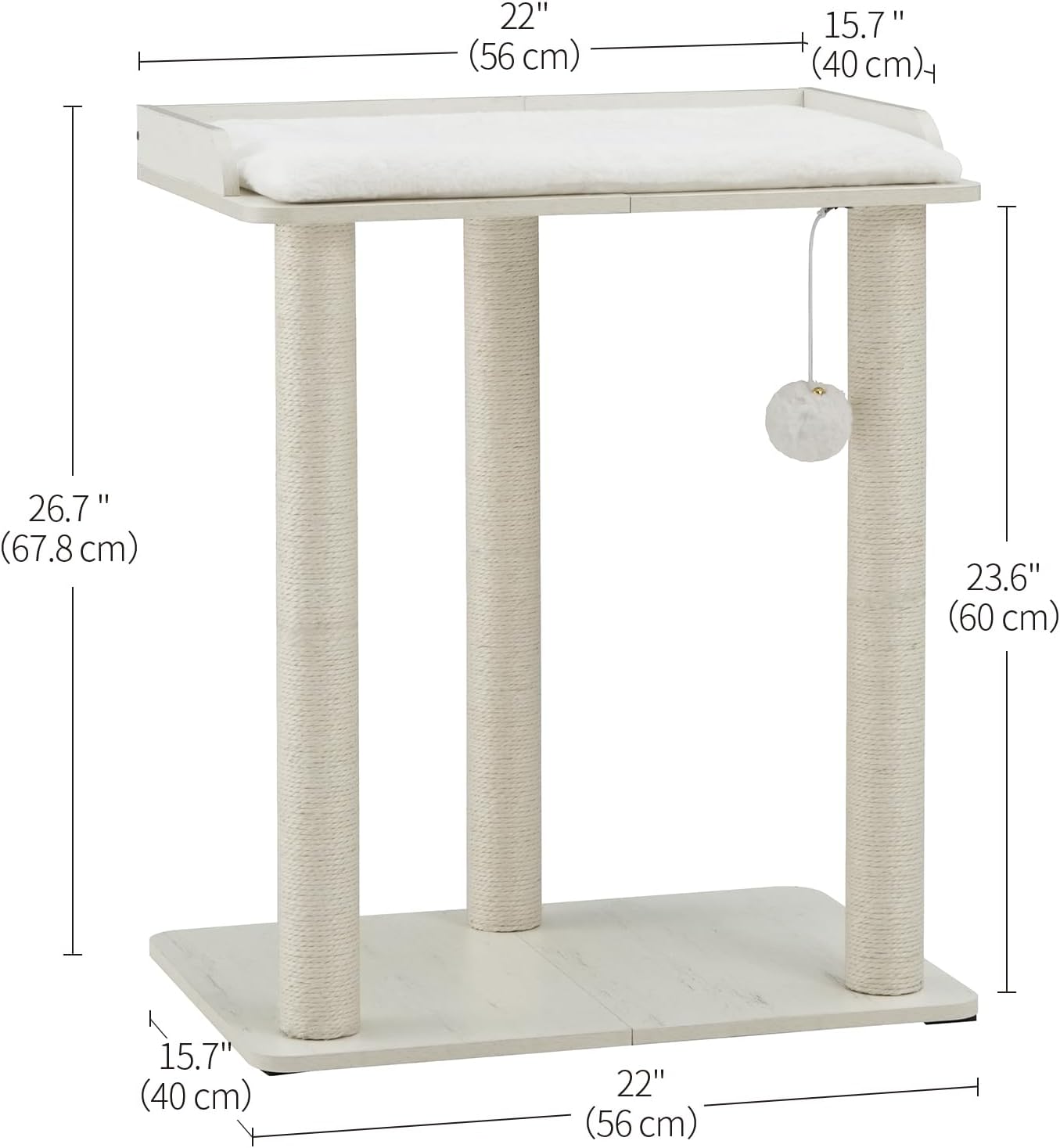 FourFurPets 26.7in Large Cat Tree Tower Condo, Cat Scratch Posts for Indoor Cats, Big Plate, Three 23.6in Full Sisal Scratching Posts, White