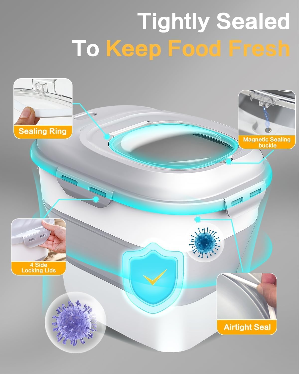 ANVS Dog Food Storage Container - Collapsible Dog Food Container with Airtight Lids, Scoop and 2.5L Small Pet Food Storage Container Dry Food For Dog, Cat and Other Pet Food (Grey, 30lbs)