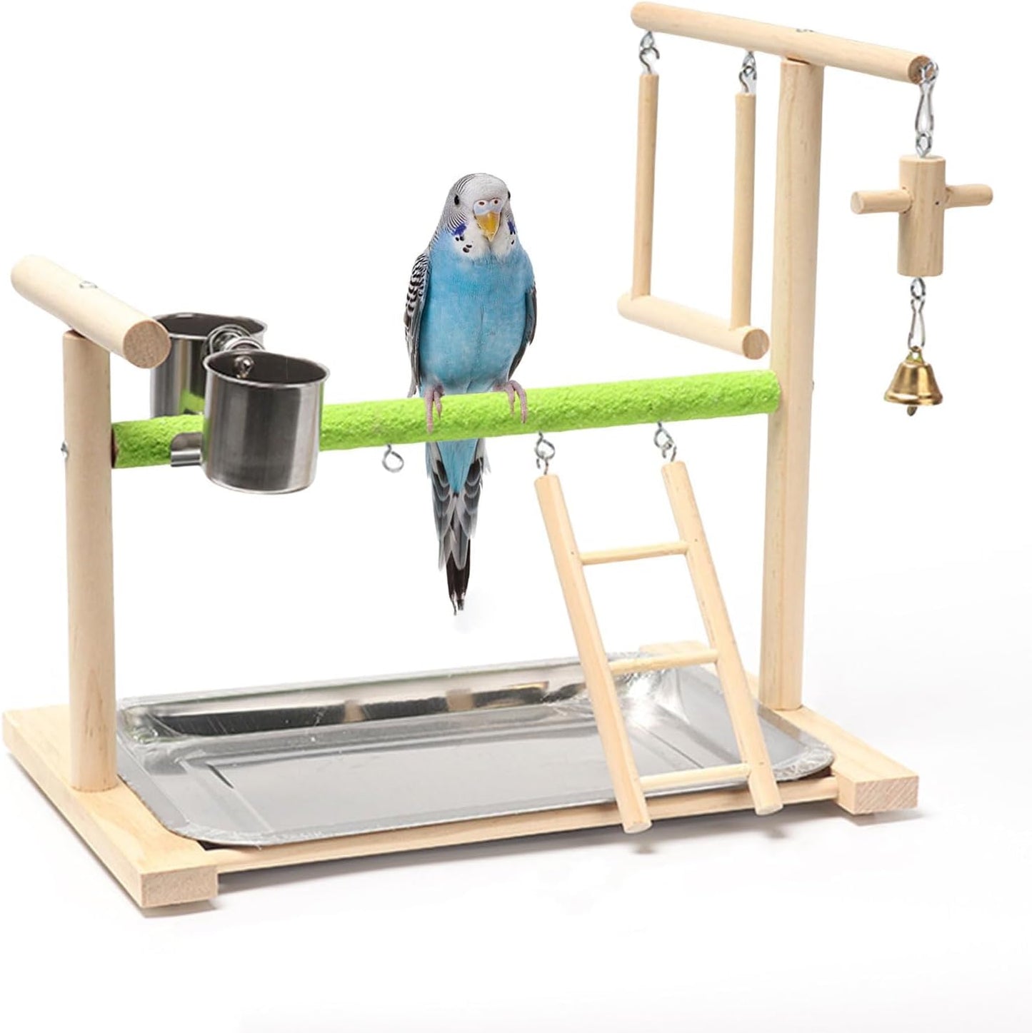 Birds Playground Parrot Playstand Birds Perch Stand Gym Natural Wood Play Stand with Ladder Swing Feeder Cups for Parakeets Cockatiels Lovebirds Conures Budgies