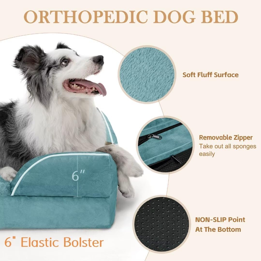 Comfort Expression XXL Waterproof Orthopedic Dog Bed for Extra Large Dogs, Orthopedic Foam Dog Sofa Bed with Washable Removable Cover & Non-Slip Bottom(XX-Large,Washed Blue)