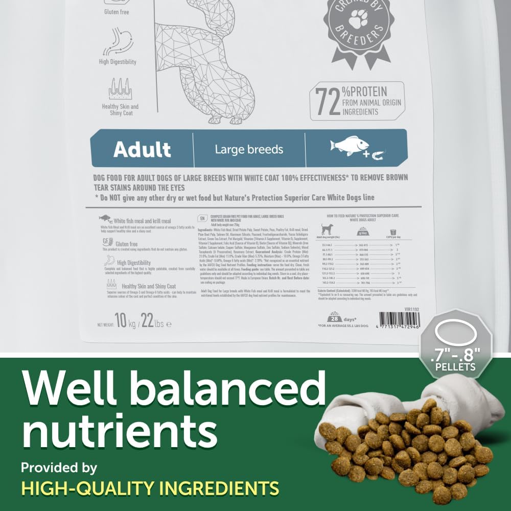 Nature's Protection Grain Free Dry Dog Food for Large Dogs - High Protein, Tear Stain Formula - Bigger Kibble for Adult Dogs with Light Fur (Superior Care - White Fish, 22 lb)