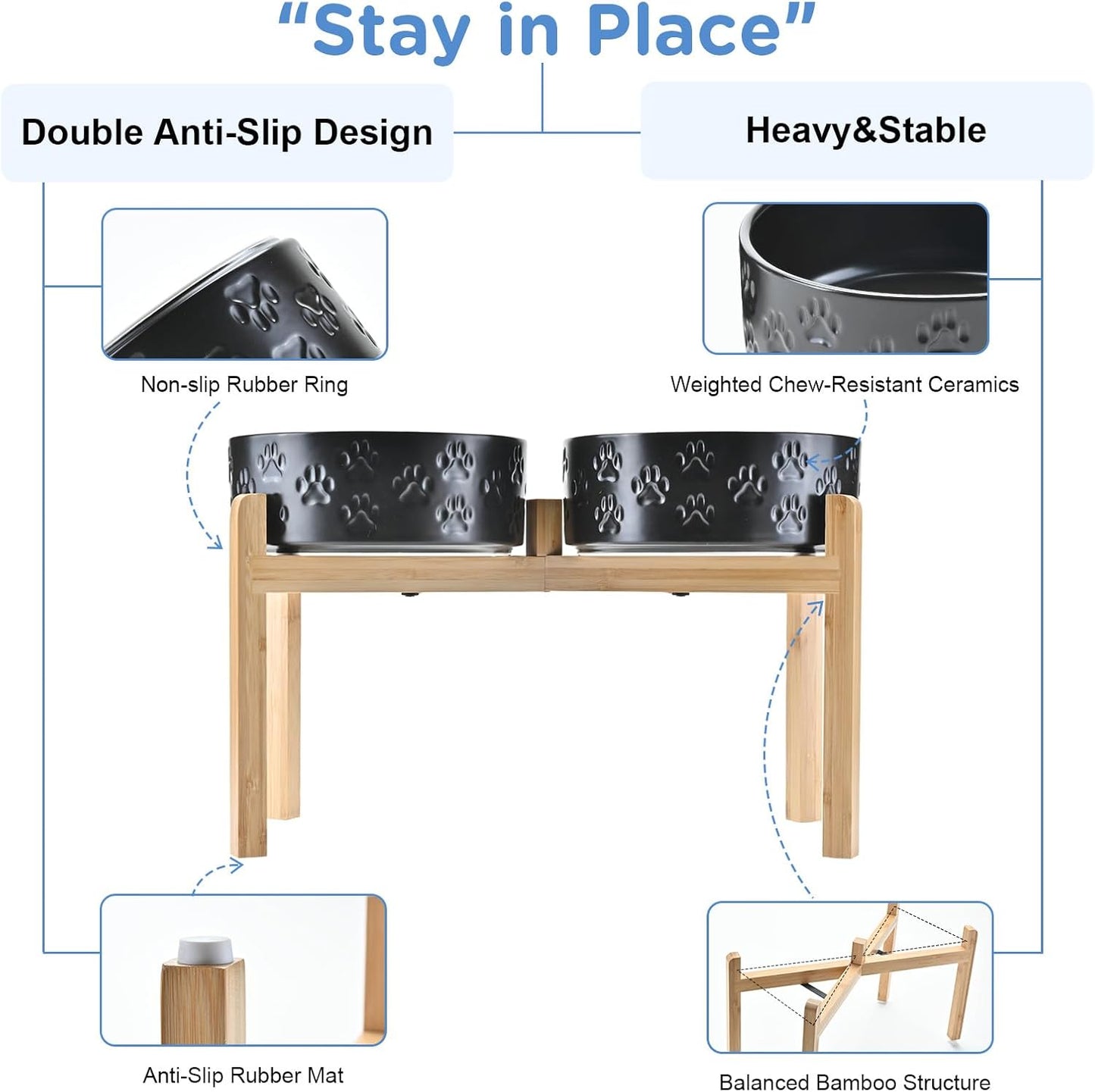 SPUNKYJUNKY Elevated Dog Bowls Ceramic, 8.3'' Dogs Food Water Bowls Raised with Non-Slip Bamboo Stand for Large Sized Breed Microwave Dishwasher Safe - 60 OZ,Paw Black