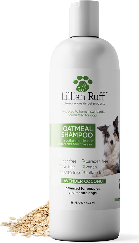 Lillian Ruff PRO Formula Deodorizing Oatmeal Dog Shampoo - Calms Itching & Allergies, Ultra-Nourishing Dry Skin Relief - Oatmeal, Aloe, Coconut Oil, Lavender & Provitamin B5 - Made in USA (16oz)