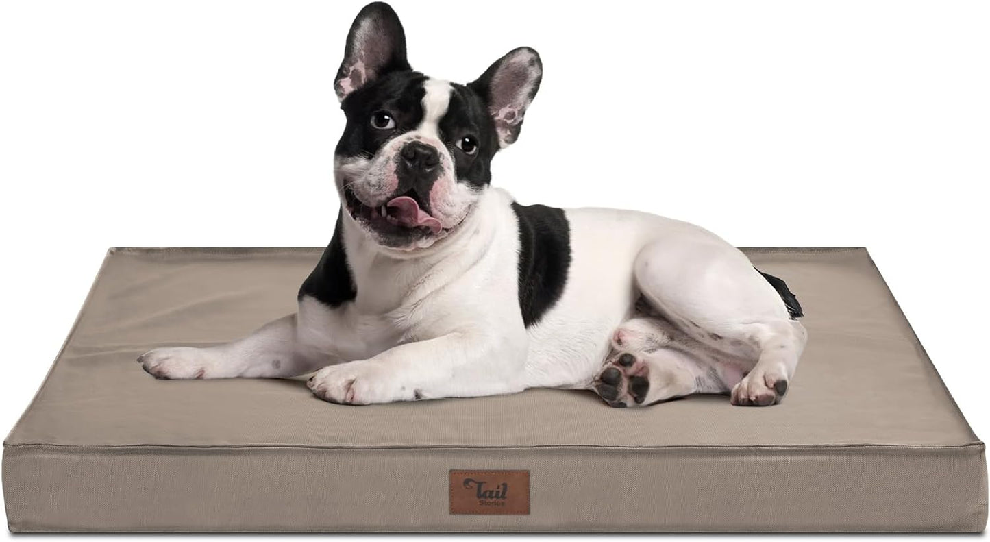 Outdoor Dog Bed for Medium/Small Dogs, Waterproof Dog Bed for Medium Dogs Cats, Orthopedic Egg Crate Foam Pet Bed with Removable Cooling Cover, Khaki