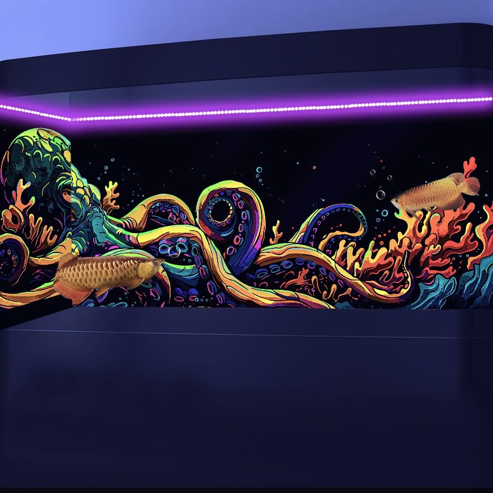 36X24IN Blacklight Octopus Sea Monster HD 3D Black Light Aquarium Background UV Reactive Background Terrarium Background with 10 EVA Double-Sided Tape