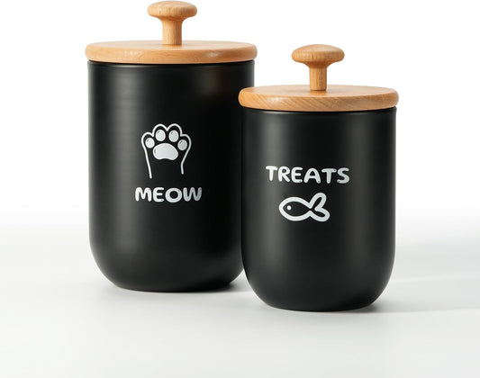 Cat Treat Container with Airtight Lid, Cat Food Oganizer Dry Food, Cat Food Storage Containers, Pet Treats Canister, Cat Treat Jar Set of 2-8.3x4.9 & 7.1x4.3 (Black)