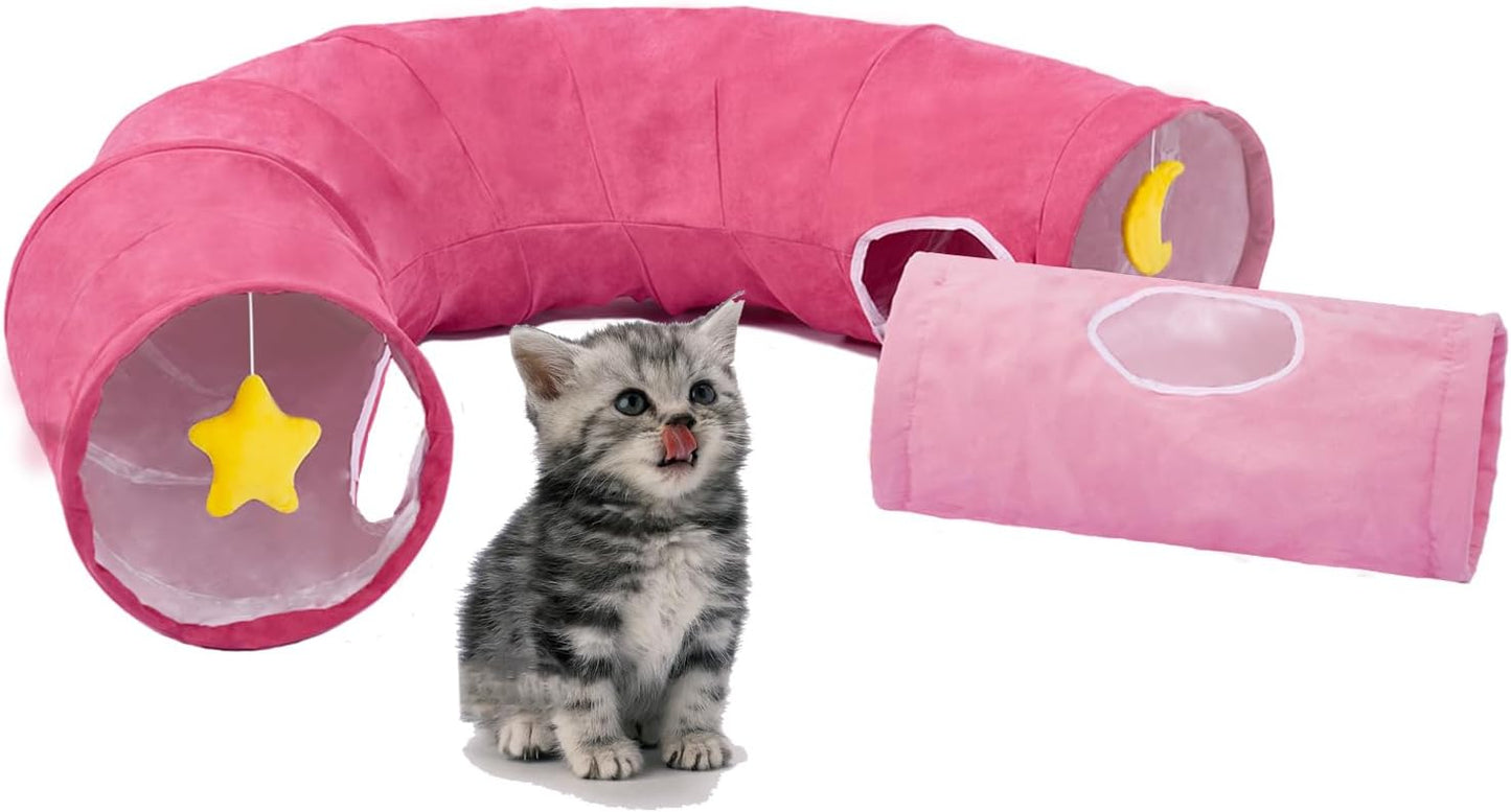 Cat Tunnel, Large Indoor Durable Collapsible Interactive Cat Tube with Peek-A-Boo Hole, Hanging Toys, and Crinkly Paper Lining - Cute Tunnel for Cats, Kittens, Puppies & Rabbits, Pink