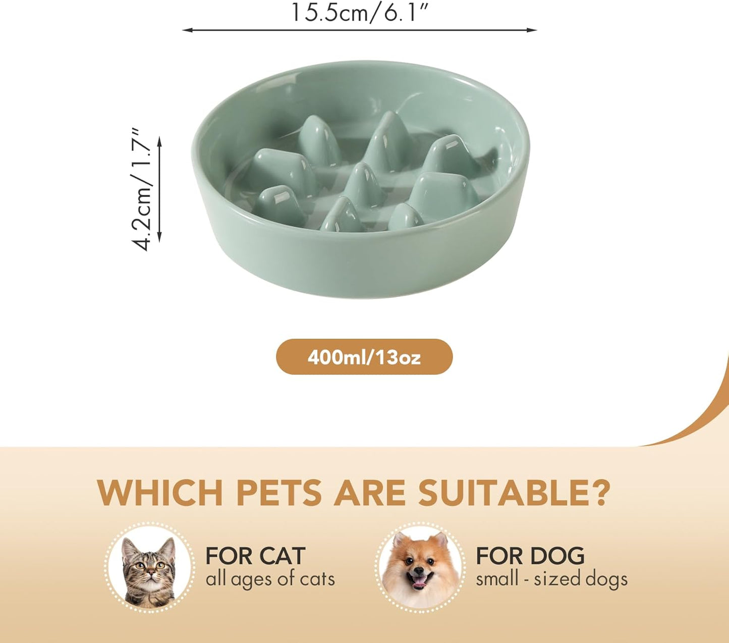 Ceramic 6.1inch Dog Bowl Slow Feeder, Slow Pet Food Dish for Small Dog and Cat, Stop Bloat, Preventing Choking(Single Bowl, Light Green)