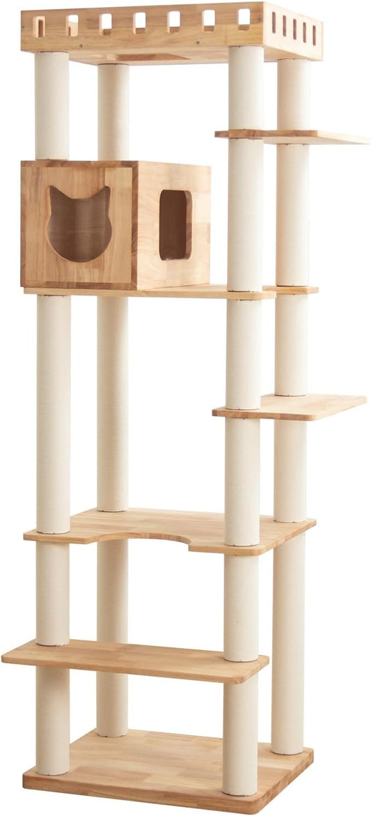 74" Wooden Cat Tree Tower for Large Cats, Multi-Level Cat Climbing Furniture with Scratching Posts, Cat Condo & Hammock, Natural Wood Cat Activity Center (White)