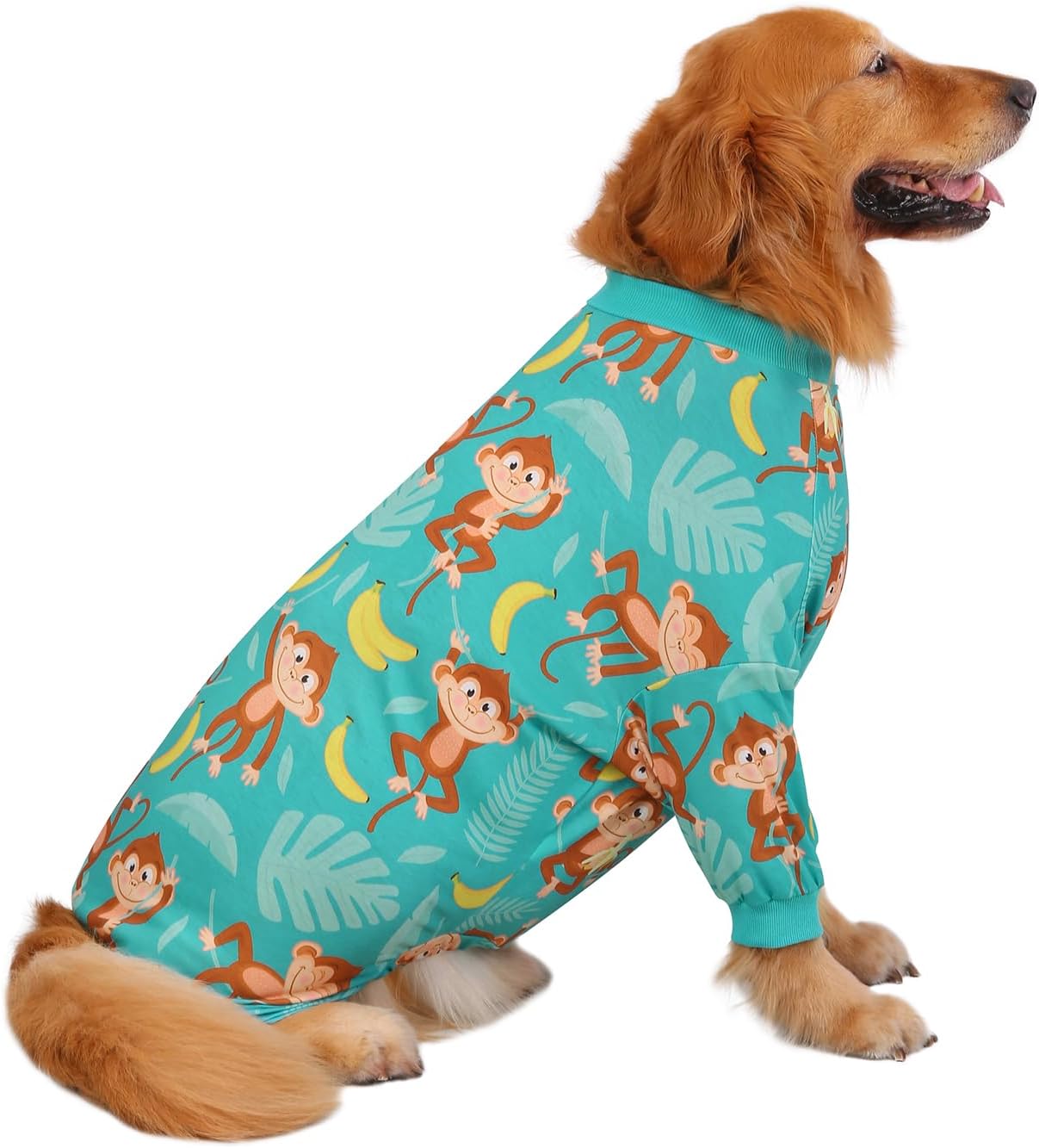 HDE Dog Pajamas One Piece Jammies Jumpsuit Pet Clothes Outfit Stretchy Lightweight Comfy Shirt Pjs for M-3XL Dogs Monkeying Around - 3XL