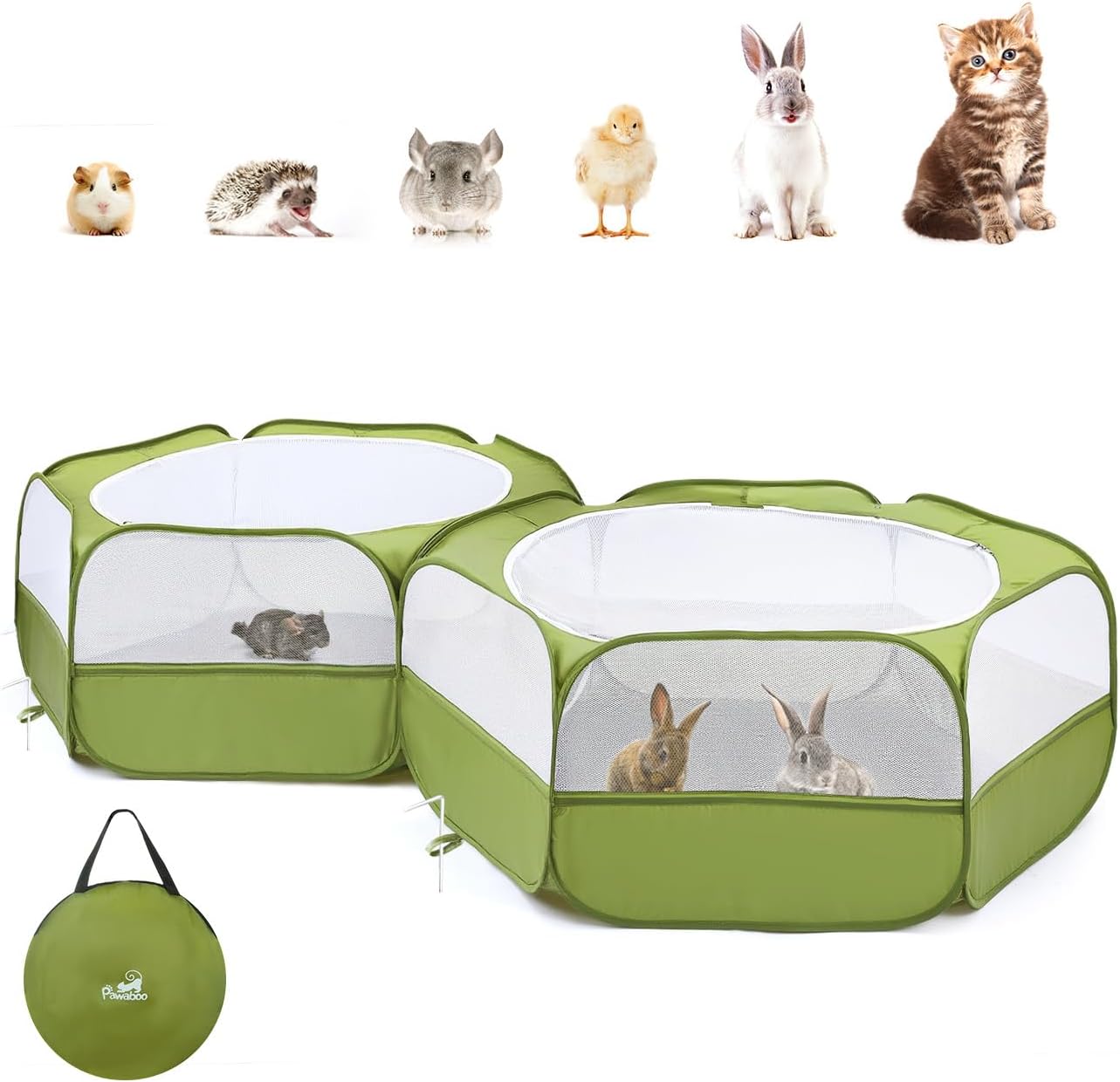 Pawaboo Extra Large 2-in-1 Small Animals Playpen, 2 Detachable Pet Cage Tent with Zipper Splicing, Portable Outdoor Yard Fence with 3 Metal Rod for Chick/Kitten/Puppy/Guinea Pig/Rabbits/Chinchillas