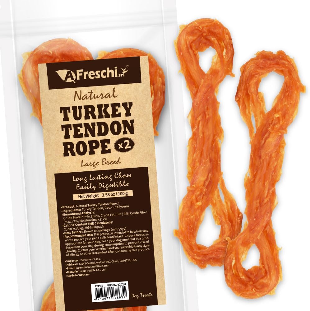 AFreschi Turkey Tendons for Dogs, USA-Sourced, Healthy Dog Treats, Rawhide-Free Puppy Chews, Long Lasting, All Natural, Hypoallergenic Dog Treats for Large Breeds, 2 Count Pack Rope (L)