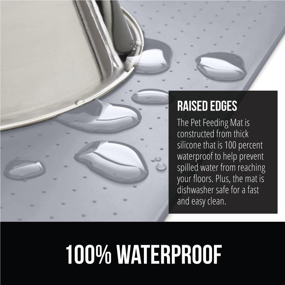 GORILLA GRIP 100% Waterproof Raised Edge BPA Free Silicone Pet Feeding Mat, Dog Cat Food Mats Contain Spills Protects Floors, Placemats for Cats, Dogs Water Bowl, Pets Accessories 23x15 Light Gray