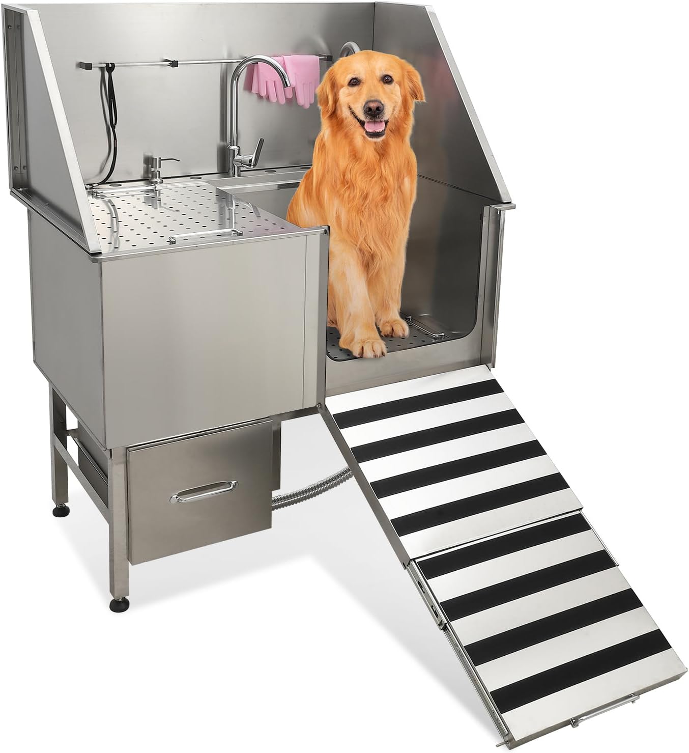 50" Dog Washing Station, Professional Stainless Steel Pet Dog Bathing Station with Ramp, Faucet, Storage Drawer, Floor Grate Dog Bathtub for Large, Medium, Small Pets (Right Ramp)