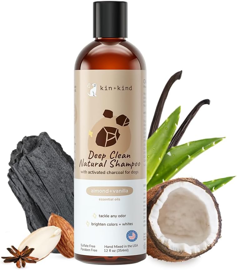 kin+kind Dog Shampoo - Deep Clean, Dirt & Odor Remover w/Activated Charcoal for Dogs, Gentle Formula w/Natural Aloe, Olive Oil & Coconut Oil, Pet Care & Grooming Products, Almond & Vanilla, 12 fl oz