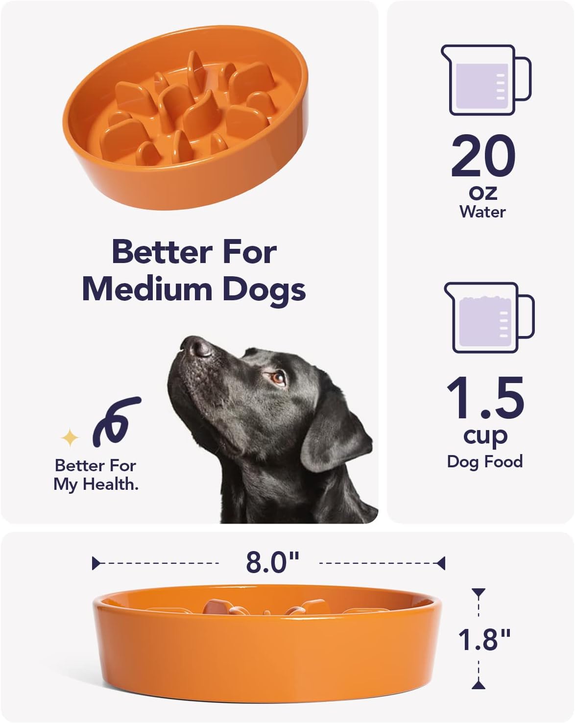 LE TAUCI Dog Bowls Slow Feeder Ceramic, 1.5 Cups Slow Feeding Dog Bowl Small Medium Breed, Puppy Bowl for Fast Eaters, Sun Orange