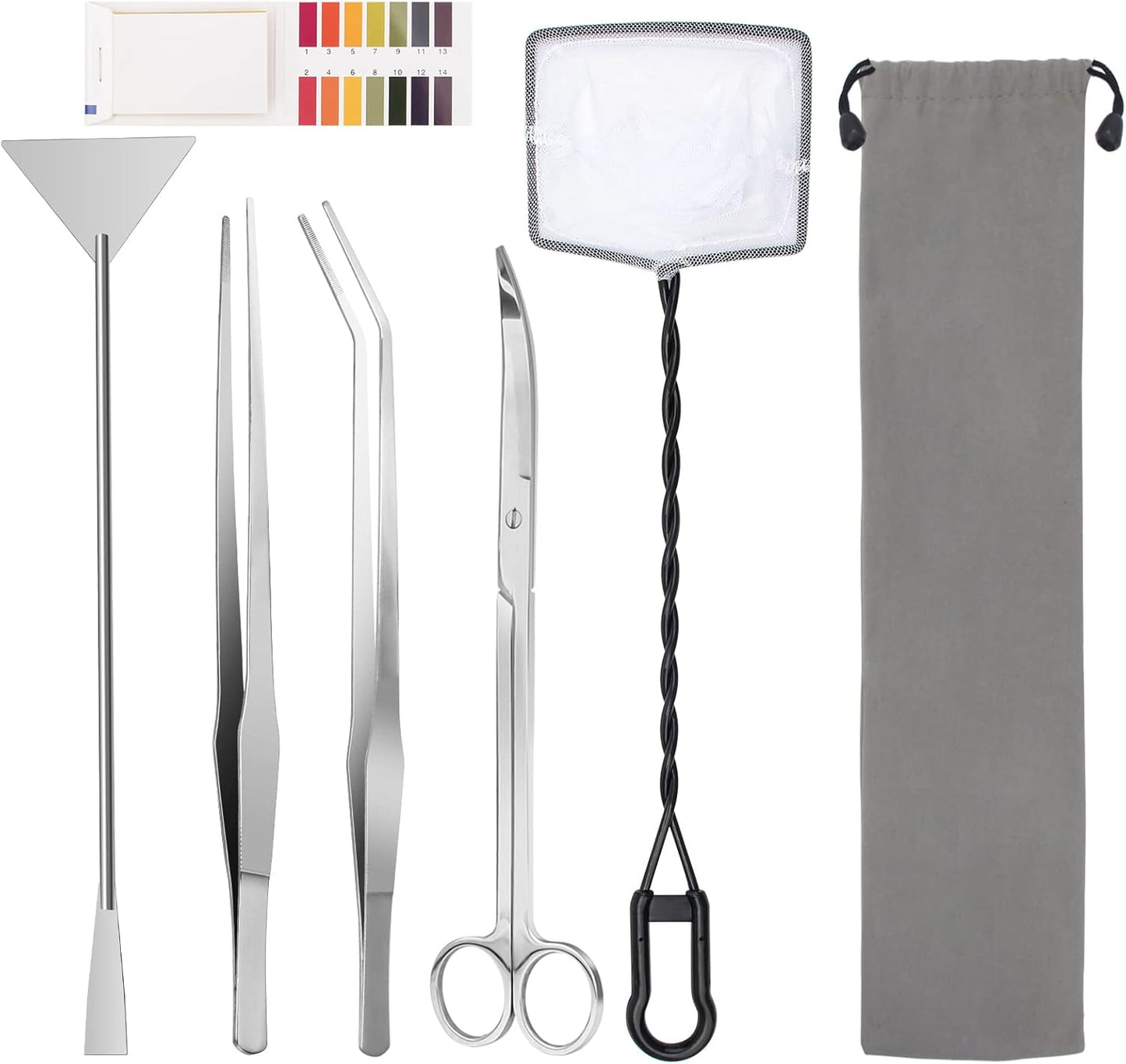 Luxiv Aquarium Aquascape Tools Kit, 6 in 1 A Aquatic Plant Aquascaping Tool Stainless Steel Tweezers Scissors Spatula for Aquarium Tank Clean Aquascape Tools with Fishing Net, 80P PH Paper