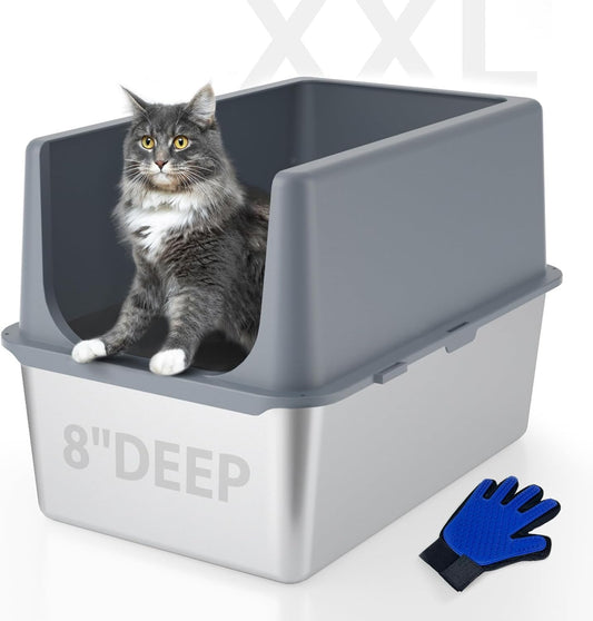LIHONG Stainless Steel Litter Box with Lid, XL Metal Cat Box for Indoor Cats, Enclosure Cat Litter Pan for Large Cats, Non-Sticky Large Kitty Litter Box, Anti-Leakage, 23.5" X 15.5" X 16"