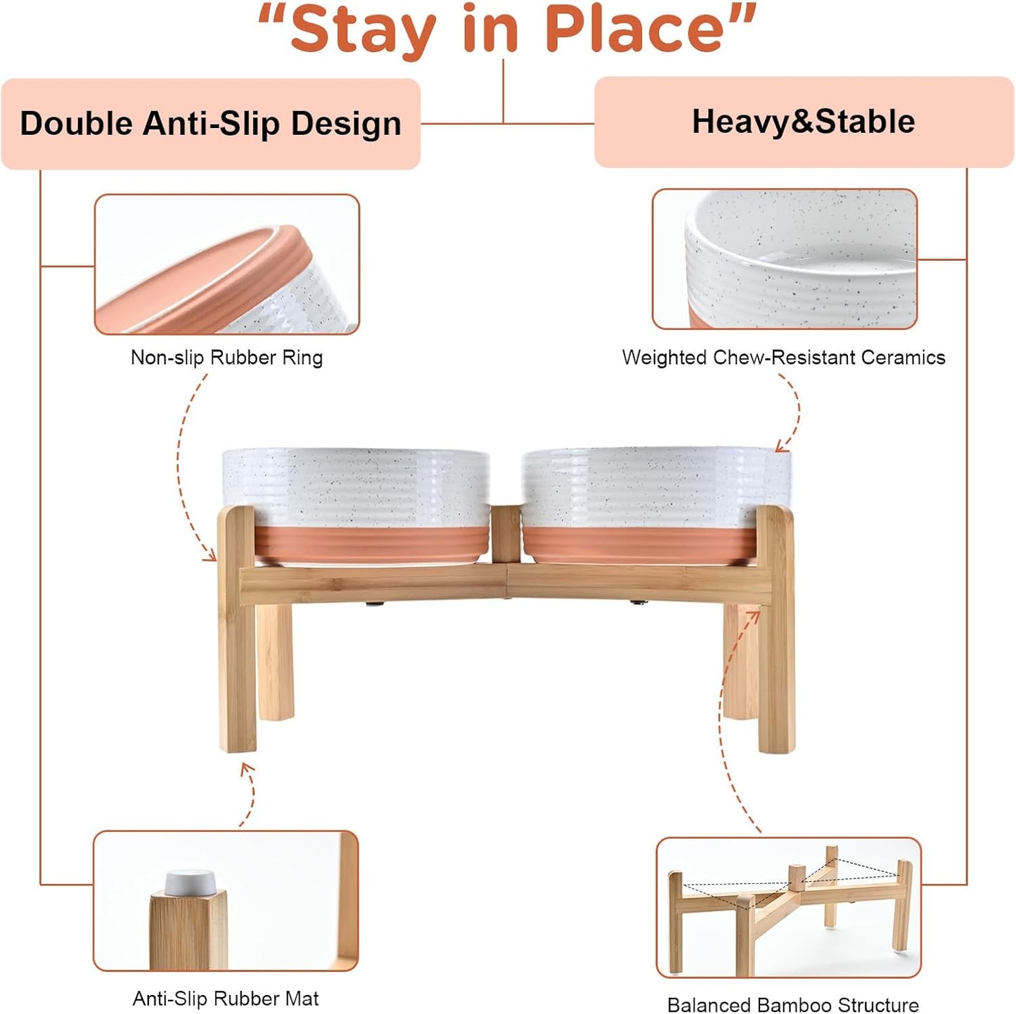 SPUNKYJUNKY Elevated Dog Bowls Ceramic, 7.3'' Dogs Food Water Bowls Raised with Non-Slip Bamboo Stand for Medium to Large Sized Breed Microwave Dishwasher Safe - 42 OZ,Pattern White