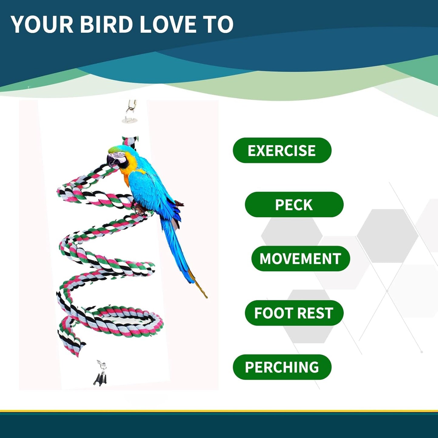 65 inch Length Colorful Cotton Bendable Rope Perch Swing Bird Chew Toys Amazon Parrots Cage Toys with Bell Swing Climbing Standing Bungee Bird Toys for Large to Regular Birds