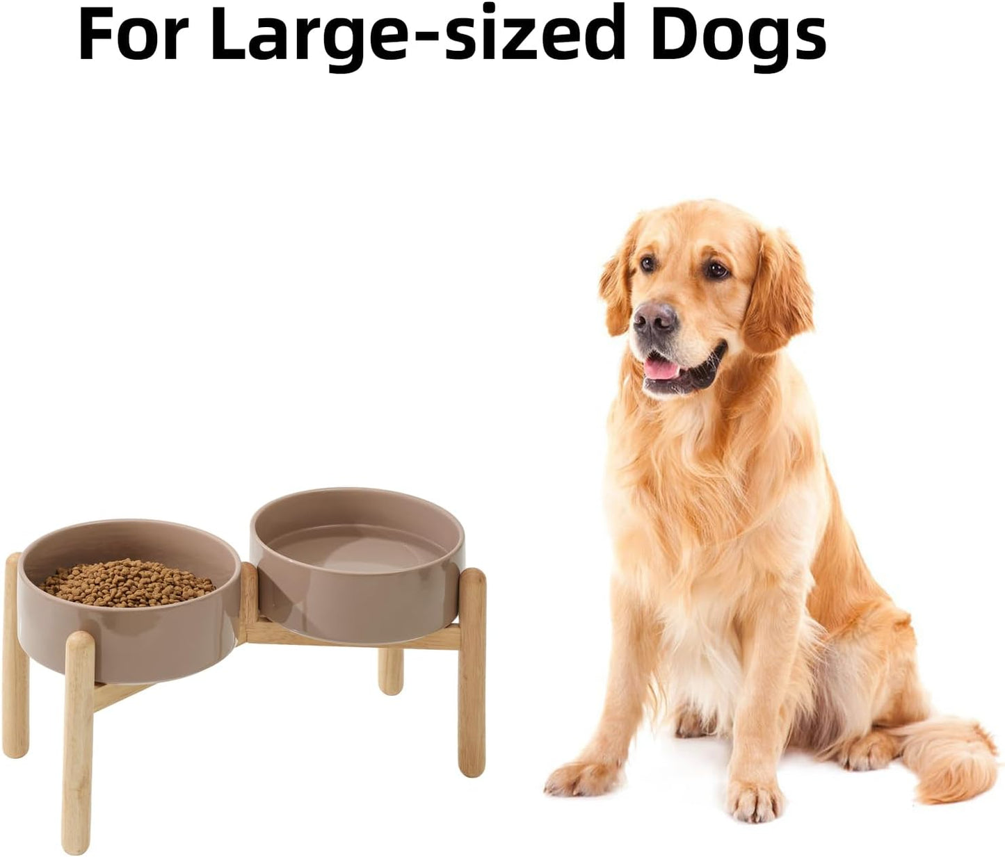 Ceramic 8.2inch Raised Dog Bowl with Stand for Large- Breed Dogs, Pet Food and Water Feeder (Double Bowl with Stand - Brown Coffee)