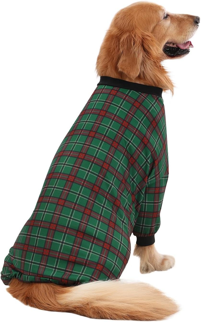 HDE Dog Pajamas One Piece Jammies Jumpsuit Pet Clothes Outfit Stretchy Lightweight Comfy Shirt Pjs for M-3XL Dogs Holiday Plaid - L