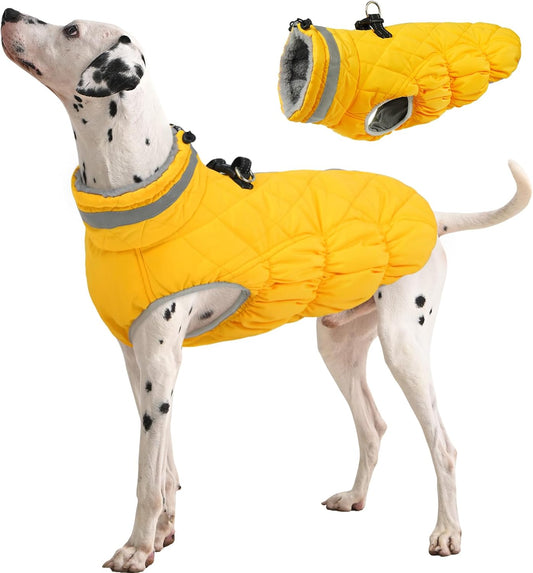 FUAMEY Dog Coat for Large Dogs,Waterproof Dog Winter Jacket with Harness Built in Puppy Cold Weather Coats Reflective Pet Vest with Zipper Warm Fleece Dogs Snowsuit Windproof Yellow L