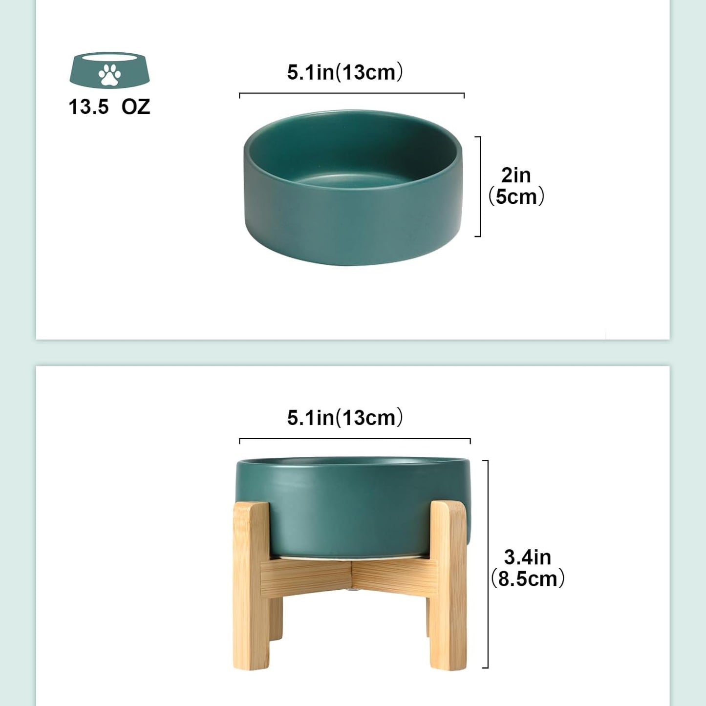SPUNKYJUNKY Ceramic Elevated Dog Bowls 2 Pack - 5.1inch Raised Dog Bowls with Non-Slip Wooden Stand for Small Dogs Dishwasher Safe(Green,13.5OZ*2)