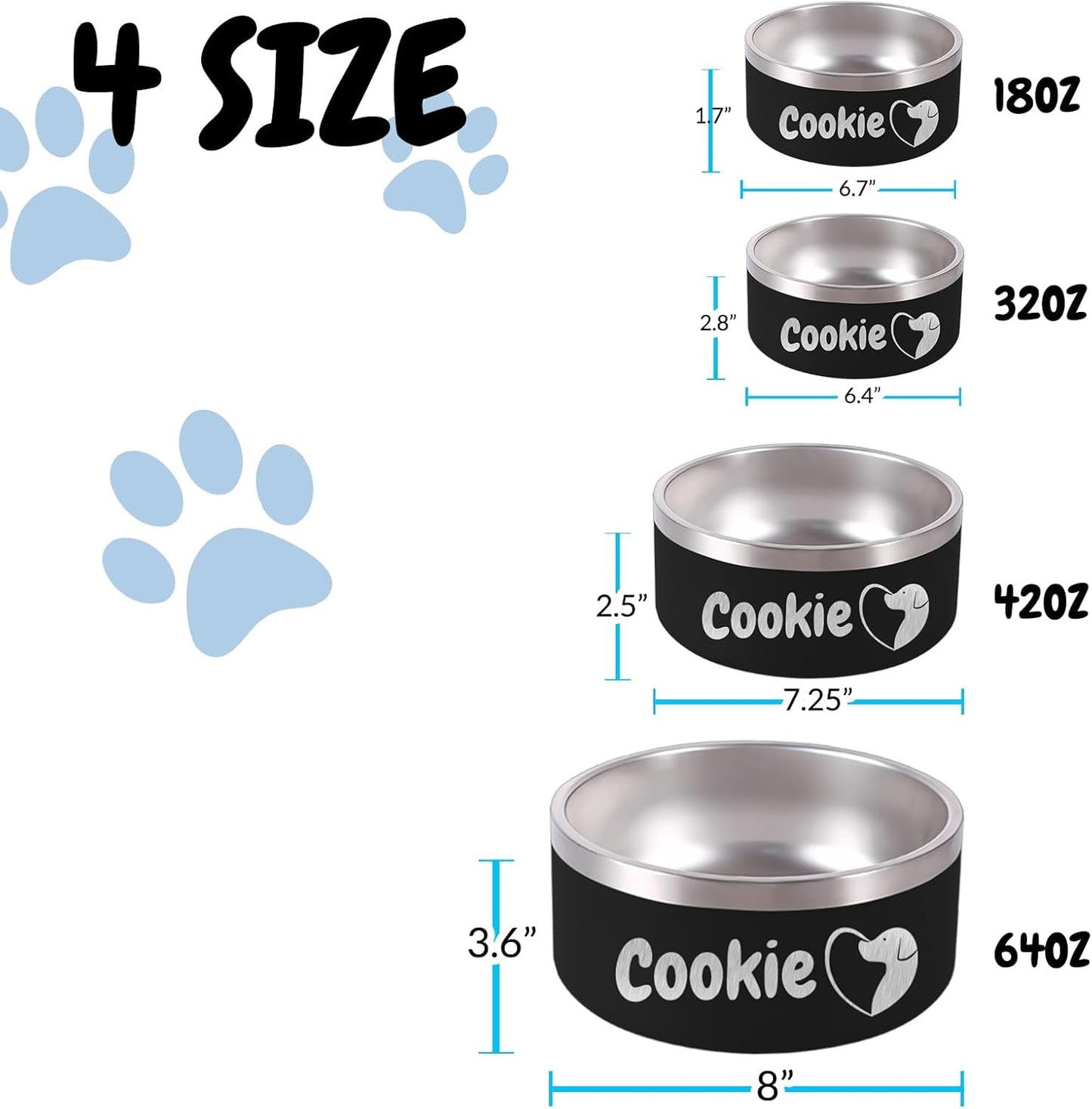 Personalized Dog Bowl Laser Engraved Custom Pet Name 18/32/42/64 oz No Slip Stainless Steel Insulated Bite-Resistant Food Water Dishes-Navy