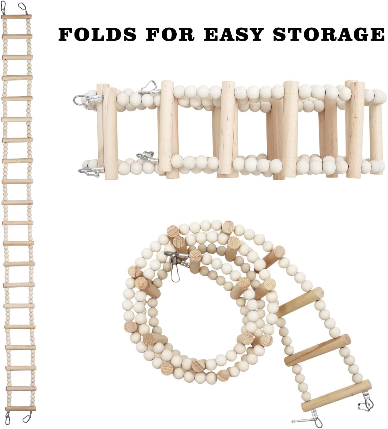 Long Bird Ladder with Wooden Rungs and Beads, Parakeet Climbing Swing Toys, Bird Cage Accessories, Wooden Climbing Bridge Toys for Parrots, Rat, Sugar Gliders, Squirrels, Snakes