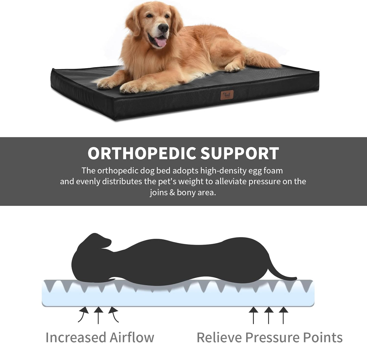 Outdoor Extra Large Dog Crate Bed, Big Waterproof Dog Bed for Large Dogs, Orthopedic Egg Foam Pet Bed Mat with Removable Cooling Cover, Black